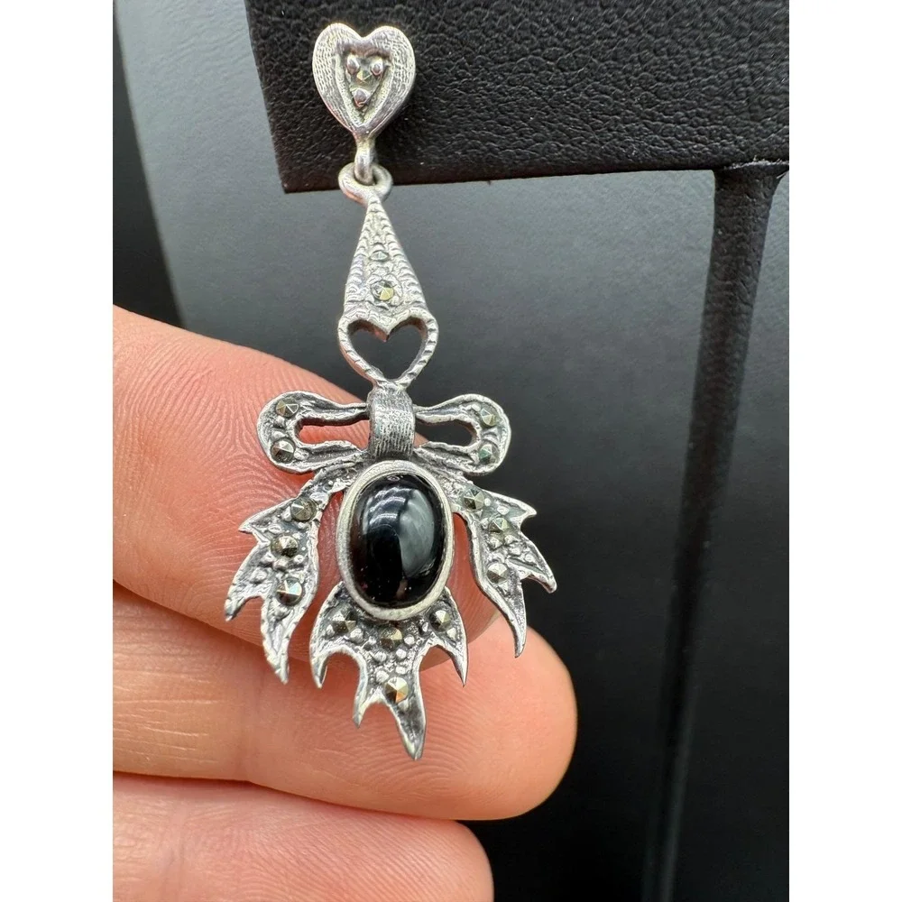 Sterling Silver Marcasite Bow Earrings Black Onyx Cabochon Heart Dangles Vintage